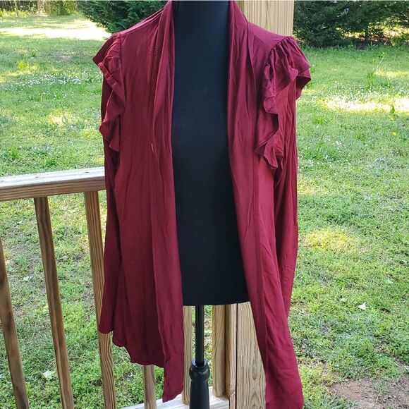 WINE red cardigan with ruffle sleeves 1X - Picture 2 of 6